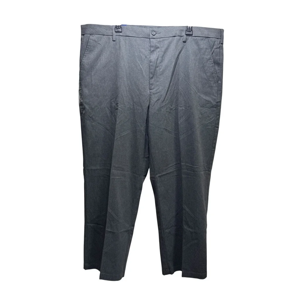 New Business Mens 44x30 Easy Care Stretch Khaki Pants Gray Flat Front Classic